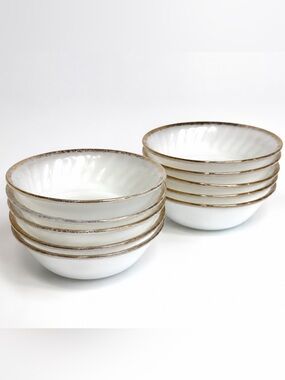 Vintage Fire-King Milk Glass Berry Bowls Set of 8 Gold Trim Swirl USA